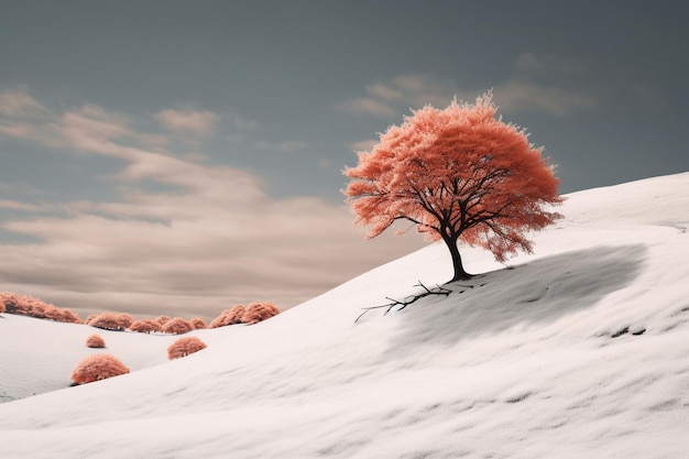 Schöner Herbstbaum in schneebedeckten Bergen Vintage-Stil Tonbild