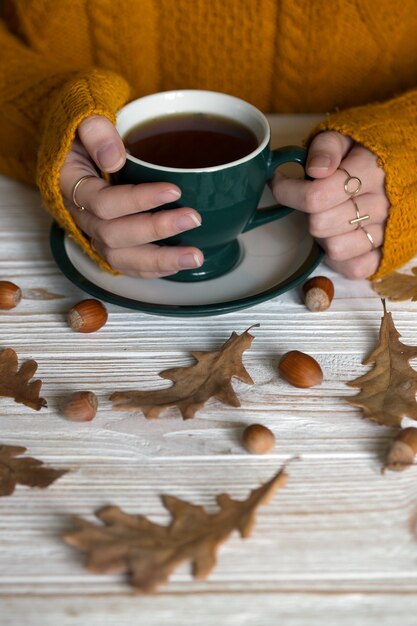 Schöner Herbsthintergrund - Mädchen hält eine Tasse Tee in den Händen