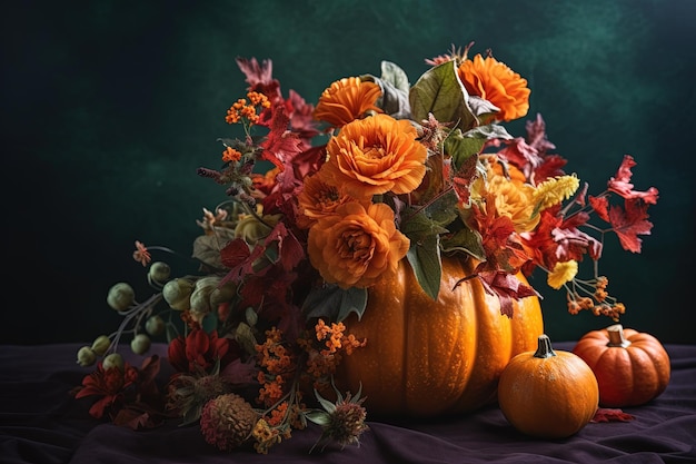 Schöner Herbststrauß in Kürbis auf farbigem Hintergrund Generative KI