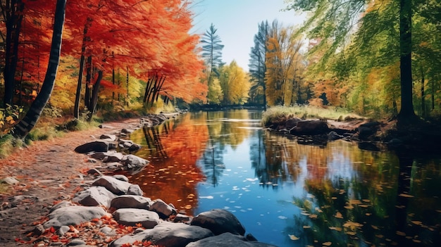 Schöner Herbstwald mit farbigen Bäumen Fluss