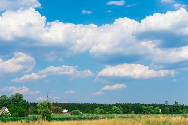 Schöner Himmel mit Wolken über dem Feld und dem Wald. Schönes ländliches Feldpanorama mit Wolken am Himmel