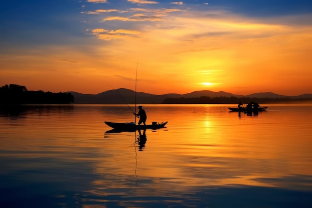 Schöner Himmel und Silhouetten von minimalen Fischern am See