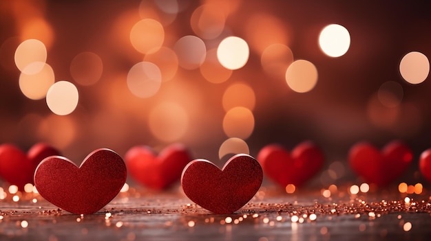 Schöner Hintergrund mit roten Herzen, leuchtenden Lichtern und Bokeh-Valentines-Tag-Karte