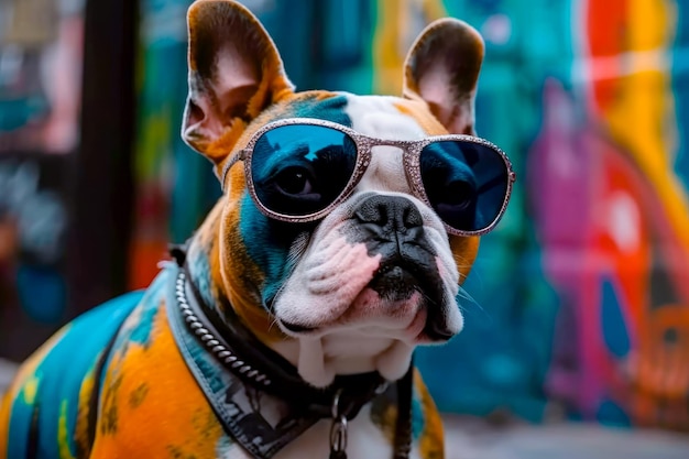 Schöner Hund mit Brille, Tier im Sommerurlaub, Tierillustration Ai generative