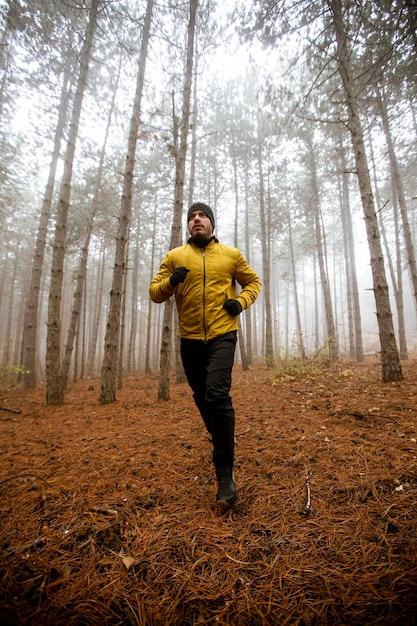 Schöner junger Mann, der im Herbstwald läuft und für Trailrun-Marathon-Langstreckenrennen trainiert