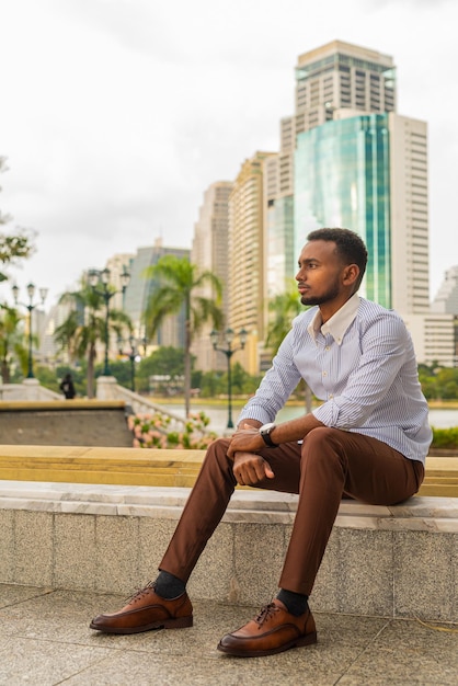 Schöner junger schwarzer Geschäftsmann im Park im Freien im Sommer