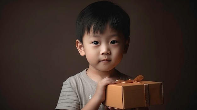 Schöner kleiner Junge hält eine Geschenkbox. Porträt eines kleinen Jungen, der eine Geburtstagsgeschenkbox hält. AIgenerated