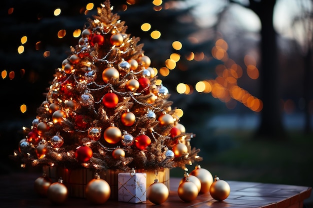 Schöner kleiner Weihnachtsbaum auf Holztisch, fröhliche Stimmung, Girlandenlampe, Bokeh auf Hintergrundtapete