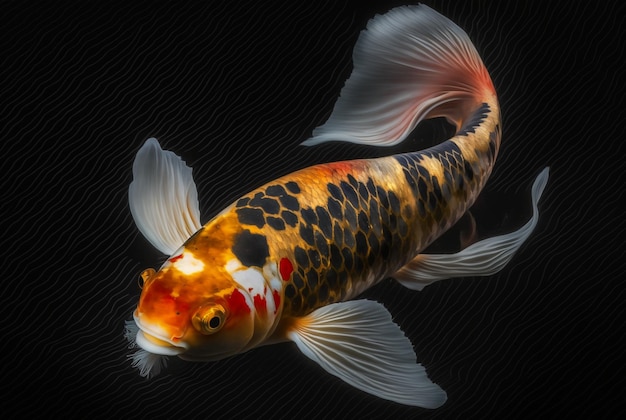 Schöner Koi-Fisch isoliert auf schwarzem Hintergrund, generative KI