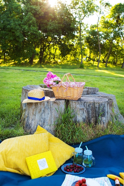 Schöner Korb mit Blumen und ein Teller mit Essen steht auf einem Holzstumpf Picknick