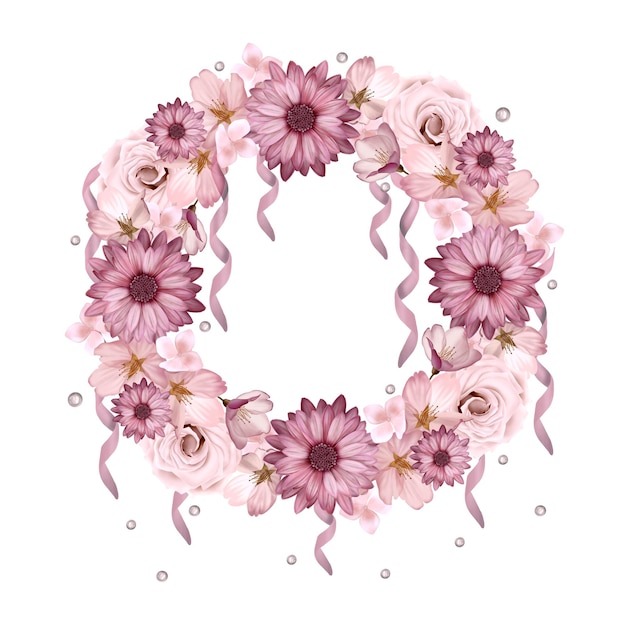 Schöner Kranz mit Chrysanthemen und Rosenblüten. Illustration