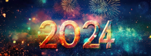 Schöner kreativer Feiertagshintergrund mit Feuerwerk und funkelnder Schriftart 2024