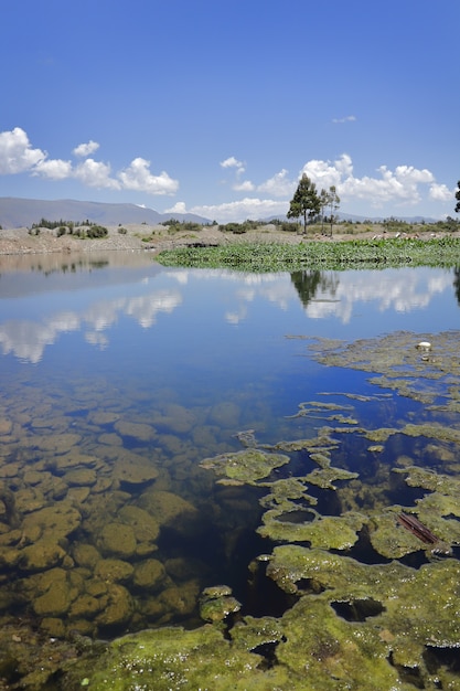 Foto schöner kristallklarer teich, der den himmel reflektiert