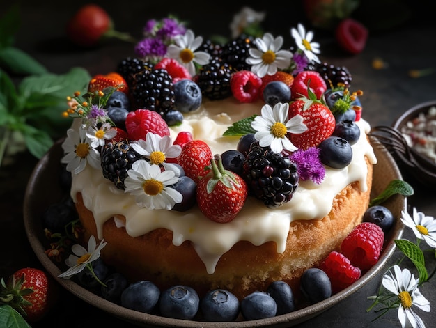 Schöner Kuchen mit Früchten und Blumen generativer ai