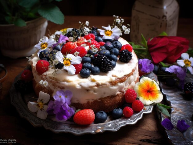 Schöner Kuchen mit Früchten und Blumen generativer ai