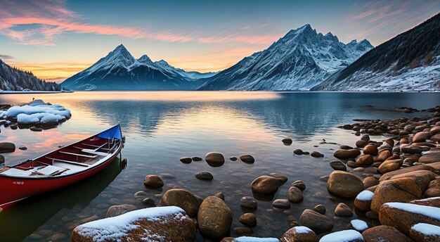 Schöner Landschaftsberg auf einem See mit einem Boot