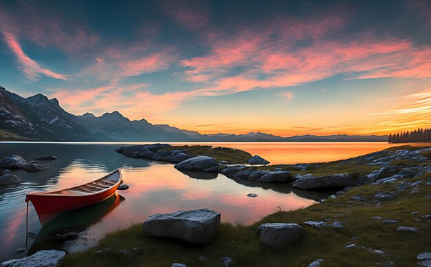 Schöner Landschaftsberg auf einem See mit einem Boot