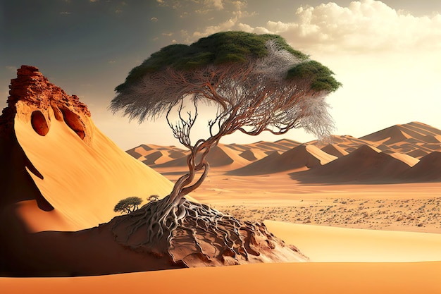 Schöner lebender einsamer Baum in heißer Wüste, umgeben von Sand und niedrigen Klippen
