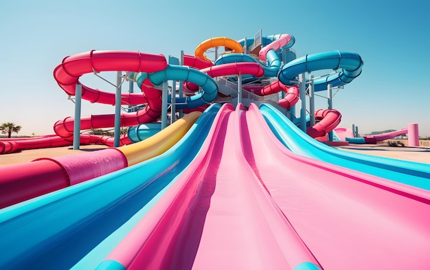 Schöner leerer Wasserpark mit bunten Wasserrutschen