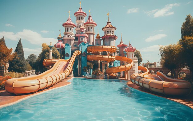 Foto schöner leerer wasserpark mit bunten wasserrutschen