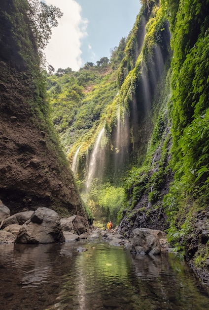 Schöner Madakaripura-Wasserfall, der in felsiges Tal fließt