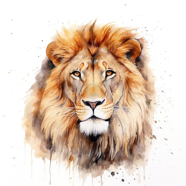 Schöner männlicher Löwe mit voller Mähne isoliert auf weißem Hintergrund. Digitale Aquarellillustration