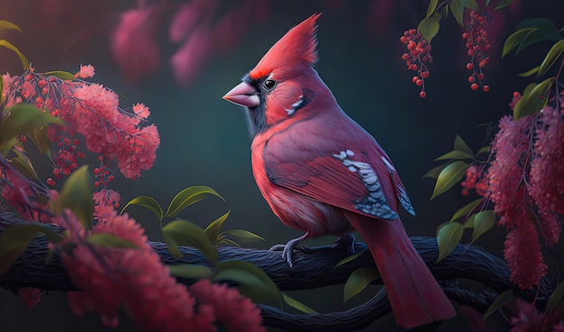 Schöner männlicher roter Kardinal auf dem Ast zwischen Blättern und Blumen im Wald.