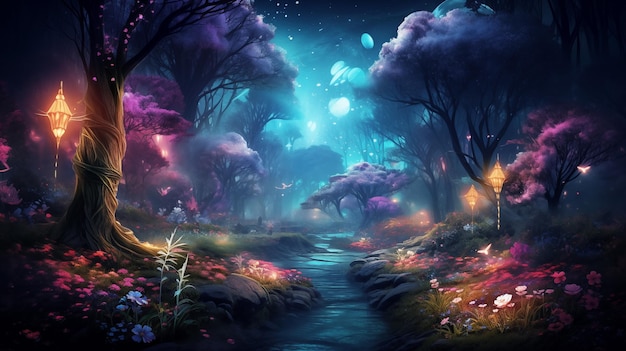 Schöner magischer Wald mit leuchtenden Lichtern und Pilzen