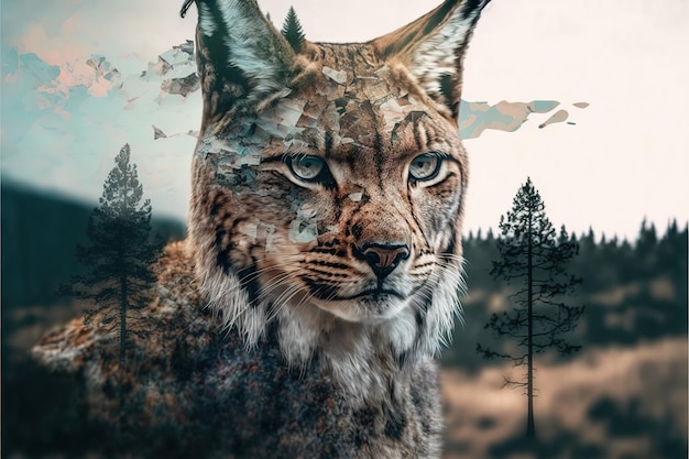 Schöner moderner Designluchs mit Doppelbelichtungsnaturhintergrund