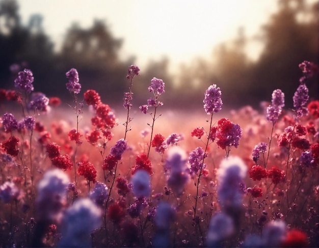 Schöner natürlicher blumiger Hintergrund mit einem Feld voller blühender Blumen