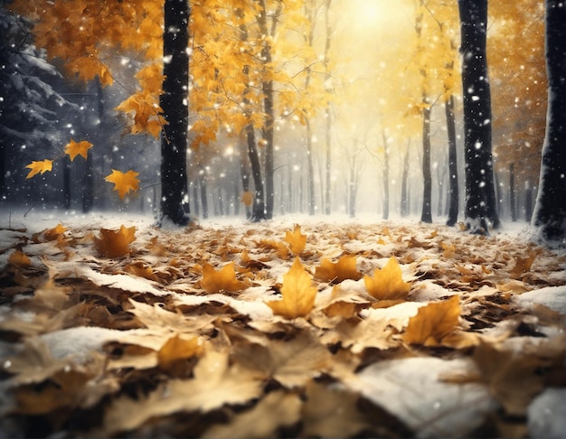 Schöner natürlicher Herbst-Hintergrund mit Wald und fallenden Orangenblättern