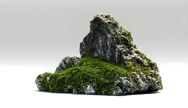 Schöner natürlicher hoher Felsen mit moosweißem Hintergrund, 3D-Darstellung