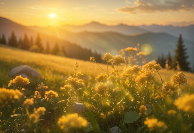 Schöner nebliger Sonnenaufgang in den Bergen. Alpenberge