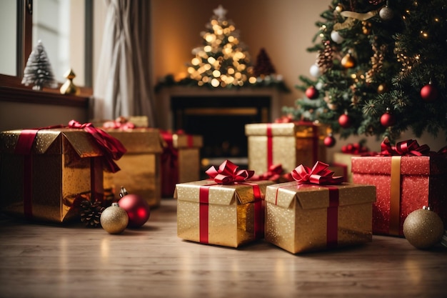 Schöner Neujahrshintergrund mit einem Weihnachtsbaum und einem Haufen Geschenke darunter