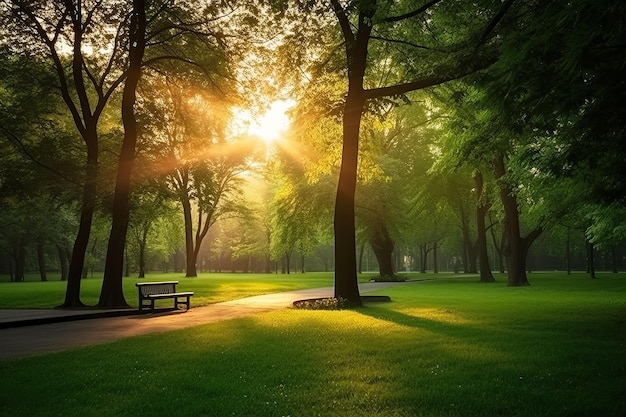 Schöner öffentlicher Park mit grünem Grasfeld im Morgenlicht, erstellt mit generativer KI-Technologie