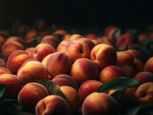 Schöner organischer Hintergrund aus frisch gepflückten Pfirsichen, erstellt mit generativer KI-Technologie