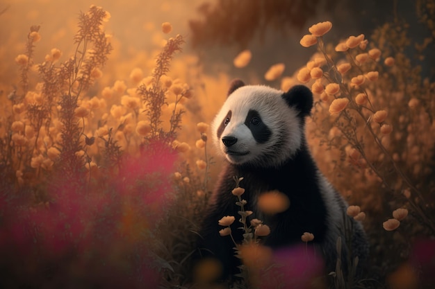 Schöner Panda Nettes Tier ist auf dem Feld mit Blumen Generative KI