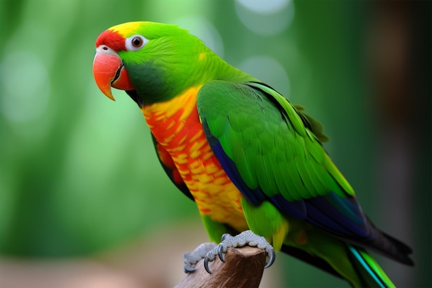 Schöner Papagei sitzt auf einem Ast und verschwommener Dschungel im Hintergrund Weltpapageientag