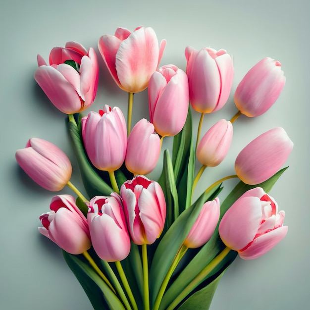 Schöner pastellrosa Tulpenstrauß mit floralem Rand auf hellem Hintergrund, Draufsicht. Layout für Frühlingsferien, Muttertagsgrußkarte