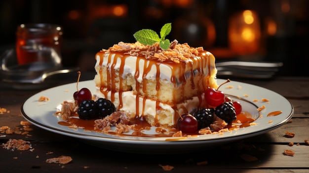 Schöner Pudding auf einem Teller mit Holztisch