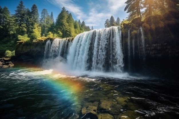 Schöner Regenbogen an einem klaren Himmel über dem Wasserfall im Kiefernwald