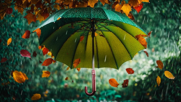 Schöner Regenschirm auf einem Hintergrund von Herbstblättern