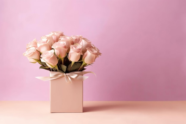 Schöner Rosenstrauß in Vase mit Geschenkbox, leerer Raum auf pastellrosa Hintergrund, generative KI