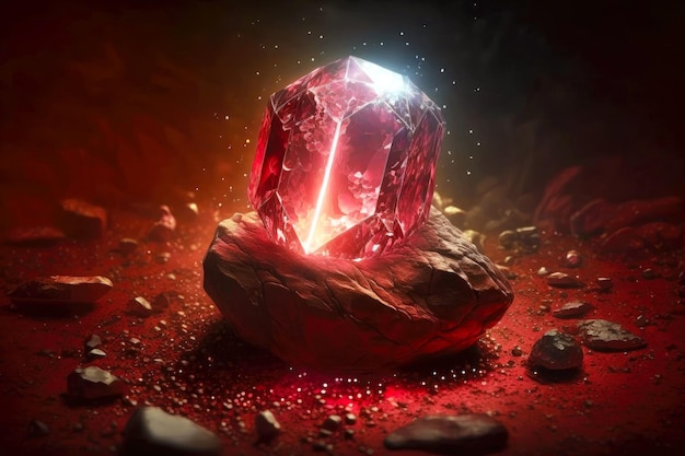 Schöner roter Stein mit innerem Glühen und Kristallen in der Beleuchtung der Taschenlampe