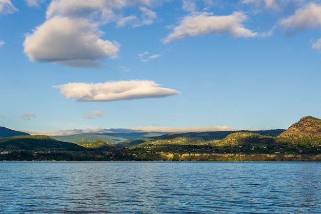 Schöner ruhiger Sommermorgen auf dem See mit Wolken am Himmel