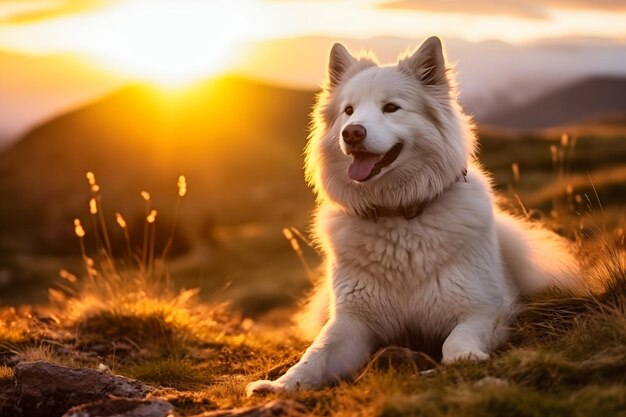 Foto schöner samoyed-hund im hintergrund von bergen bei sonnenuntergang