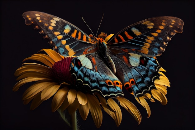Schöner Schmetterling auf einer Blume auf schwarzem Hintergrundgenerative ai