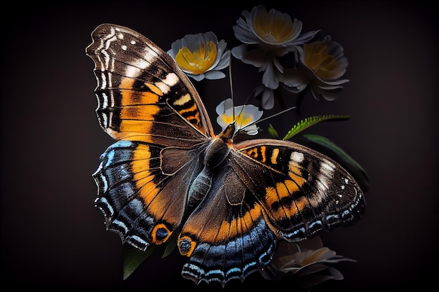 Schöner Schmetterling auf einer Blume auf schwarzem Hintergrundgenerative ai