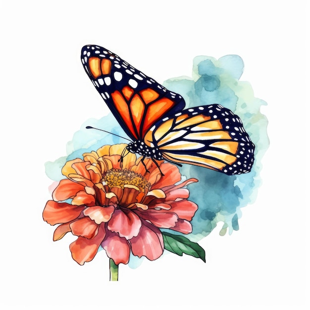 Schöner Schmetterling auf einer einzigen Blume, Monarch-Clip-Art auf weißem Hintergrund, generative KI