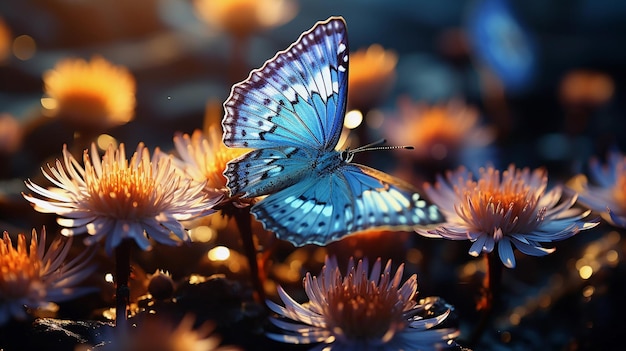 Schöner Schmetterling unter wilden Blumen verschwommener Hintergrund